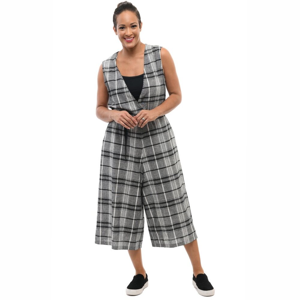 Sleeveless Plaid Wide-Leg Jumpsuit Tie Waist Comfy Chic